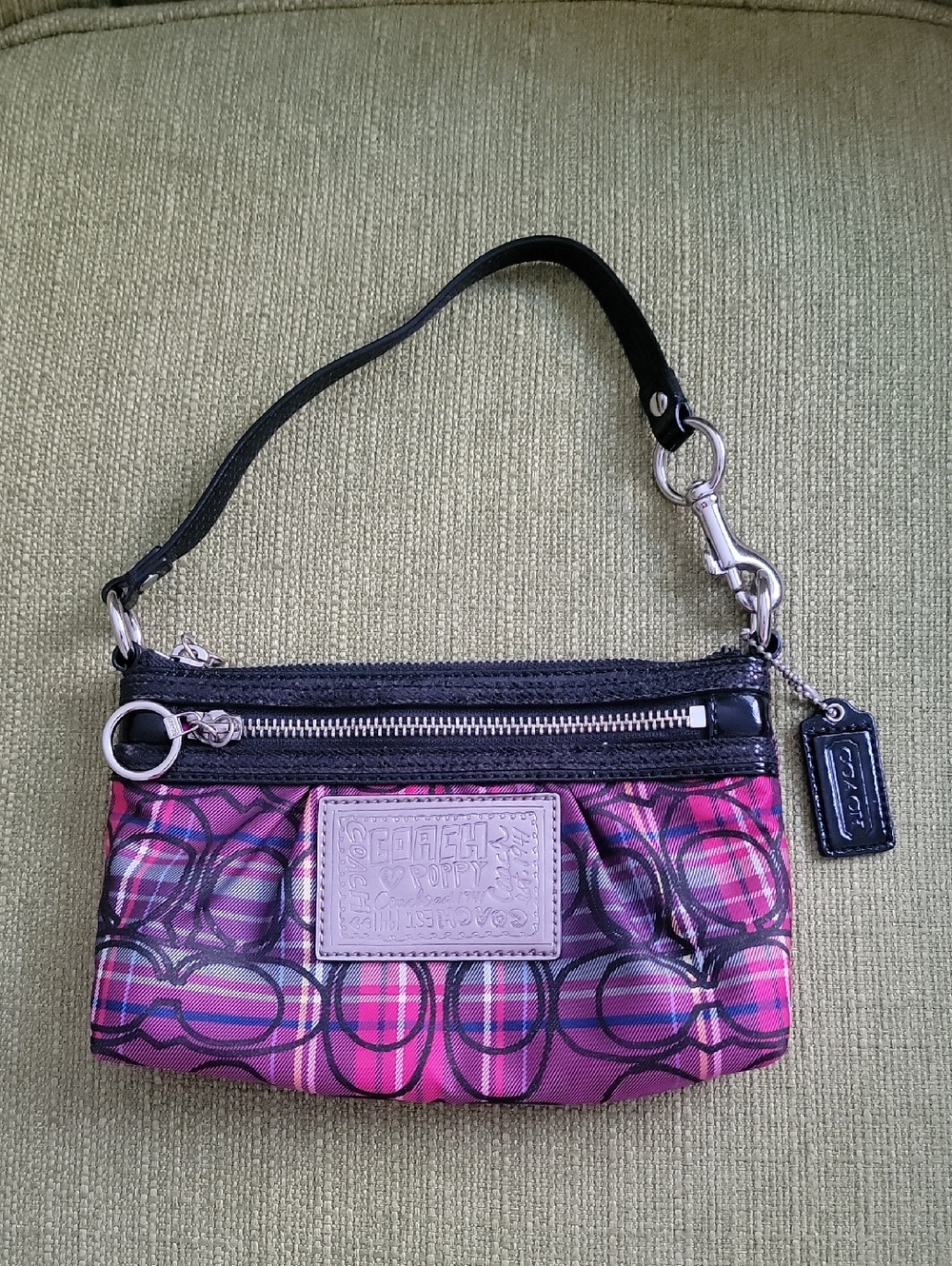 Coach Pink Plaid Poppy Signature Wristlet with Black Trim